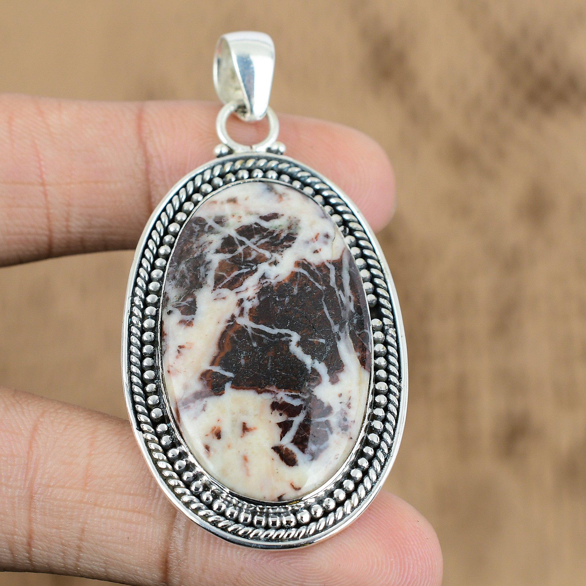 

925 Silver Oval Coconut Jasper Stone Sister Art Deco Birthday Pendant Jewelry