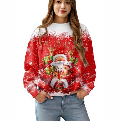 Christmas Snowman 3D Printed Round Neck Long Sleeved Comfortable Casual Loose Plus Size Women's Pullover