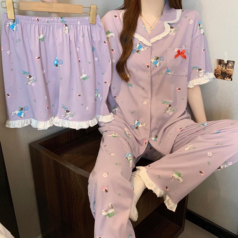 Summer New Purple Lazy Rabbit Cartoon Pajamas Women's Short-sleeved Imitation Cotton Edge Loungewear Three-piece Set