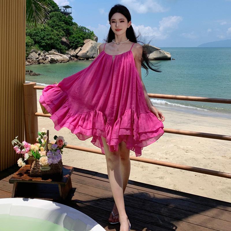 2025 Summer French-Inspired Socialite Puff A-line Spaghetti Strap Beach Dress