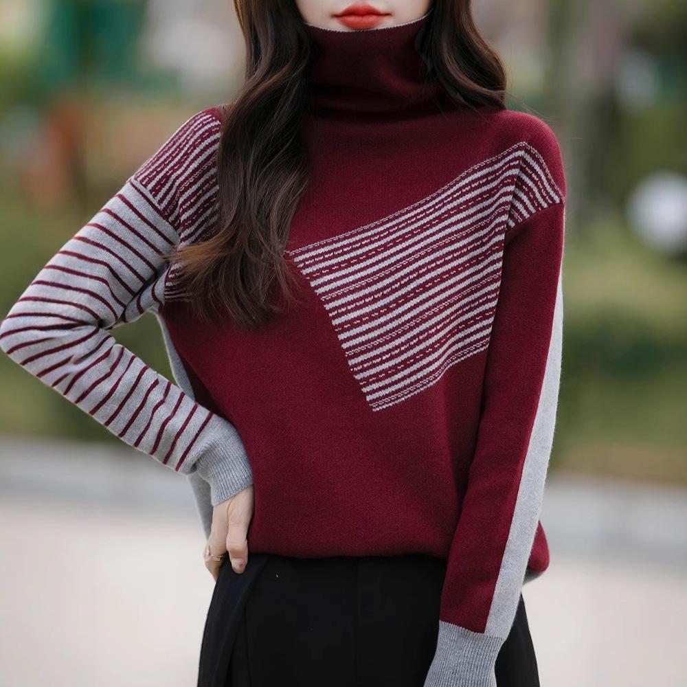 New Women's Color Block Turtleneck Knit Sweater - Loose Fit for Autumn & Winter