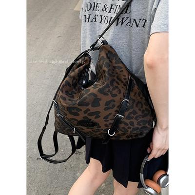 Vintage Leopard Print Backpack Bag Women's 2025 New Fashion Preppy Tote Bag Multifunctional Shoulder Backpack