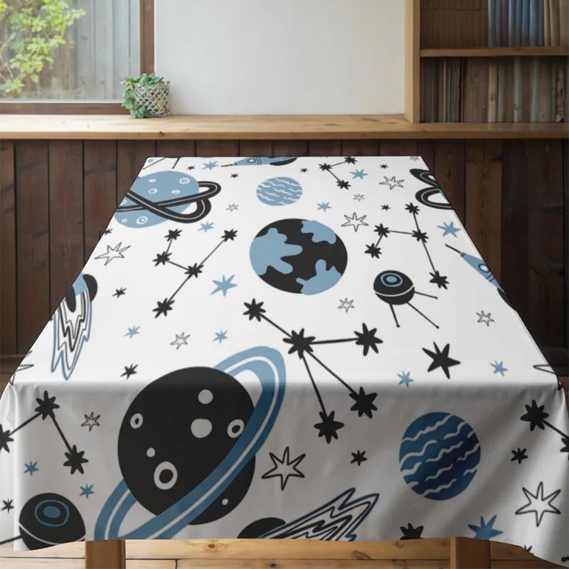 Modern Space Pattern Dining Tablecloth Blue Black Colorful Design for Home Decoration