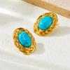 Gold Twisted Border Oval Turquoise Stud Earrings for Women