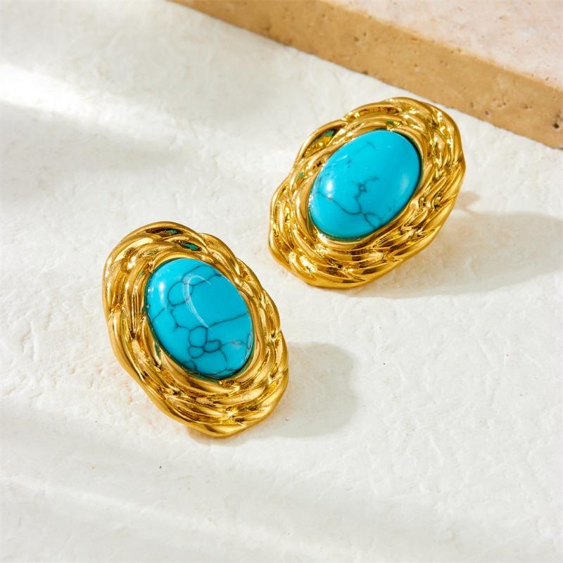 Gold Twisted Border Oval Turquoise Stud Earrings for Women