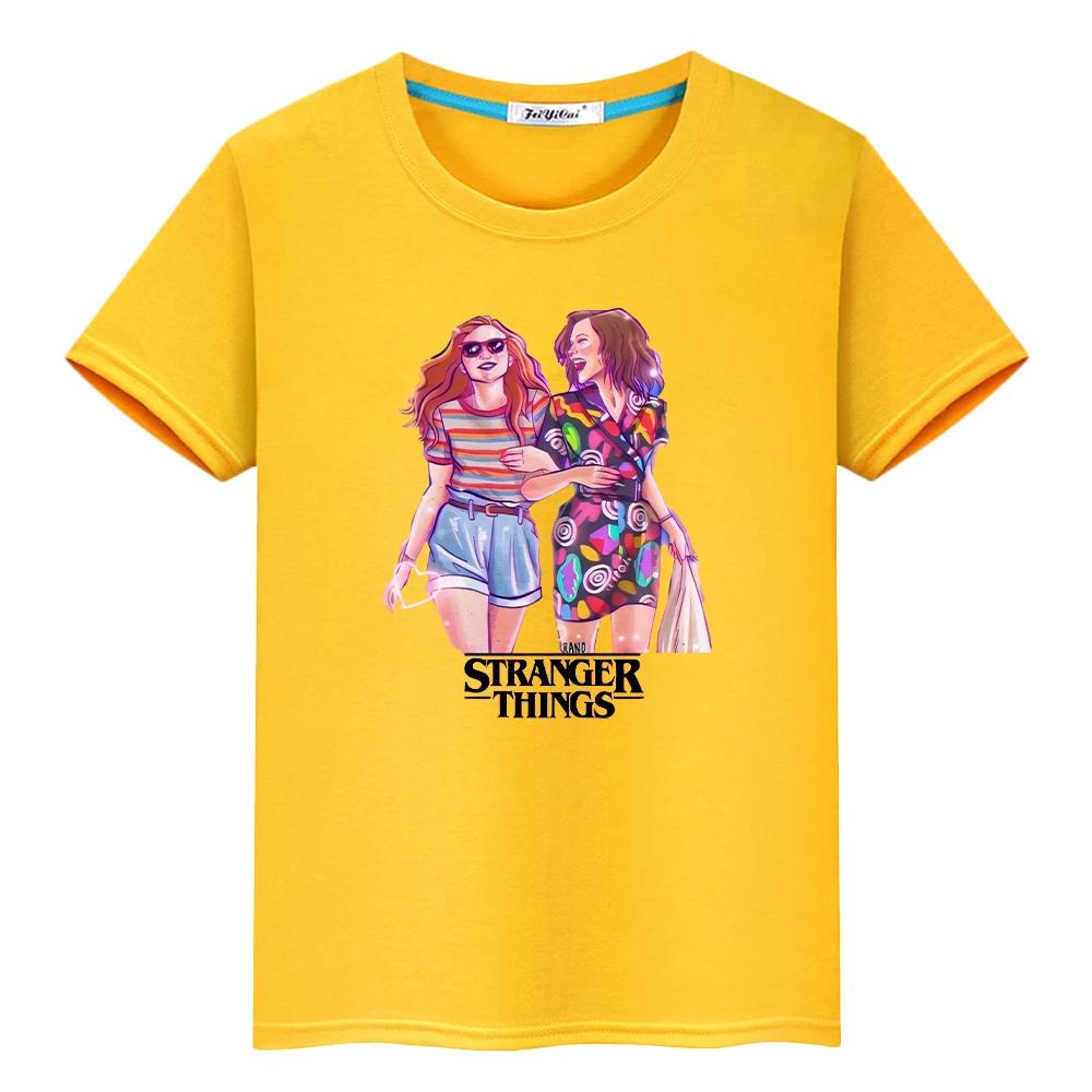 

Футболка для детей, мальчик, 10 лет, 100% хлопок, принт «Очень странные дела», топы, футболки в стиле аниме, кавайная короткая футболка, y2k, цельная детская одежда для девочек 160 жёлтый