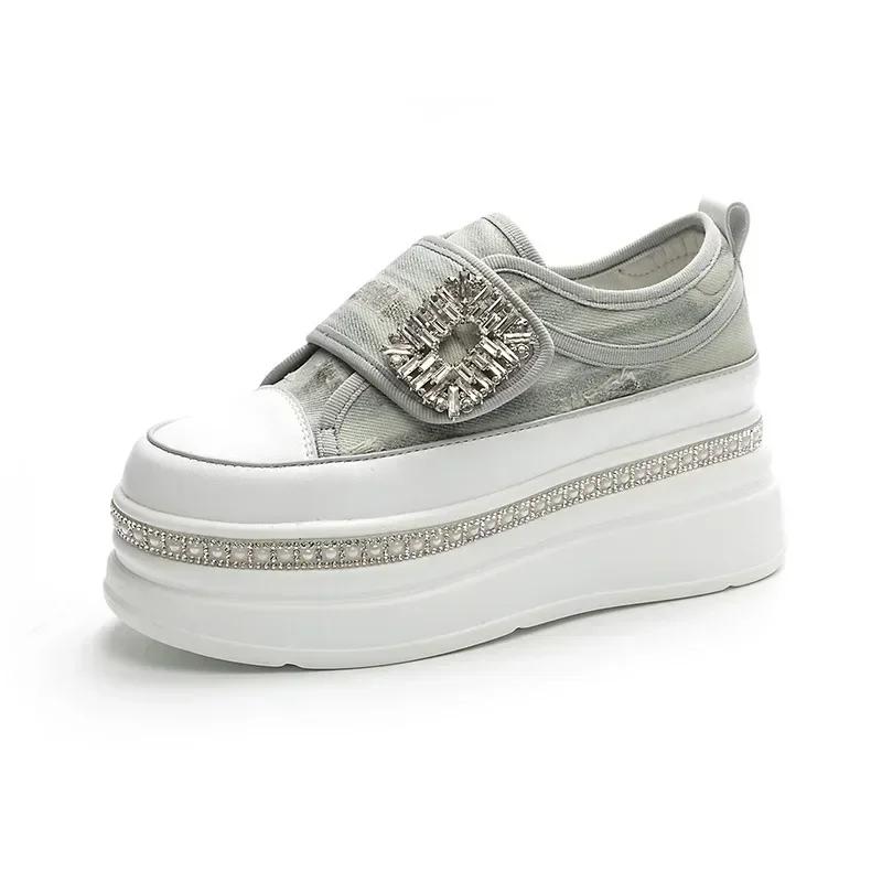Fashion 6CM Denim Diamond Platform Wedge Genuine Leather Casual Spring Summer Autumn Comfy High Brand Chunky Sneakers Hidden Heels Shoes