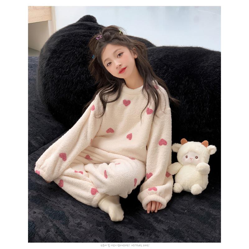 Girls Winter Coral Fleece Loungewear Set Big Kid Heart Pattern