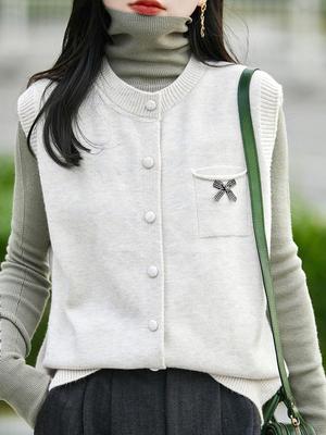Women's Chic Grey Knitted Sleeveless Vest - Round Neck, Loose Fit Autumn Layering Top