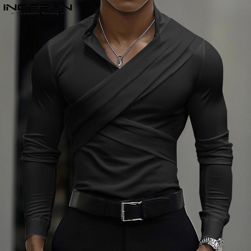 INCERUN Herren Langarmshirt mit überkreuzten Ärmeln und Henley-Muster
