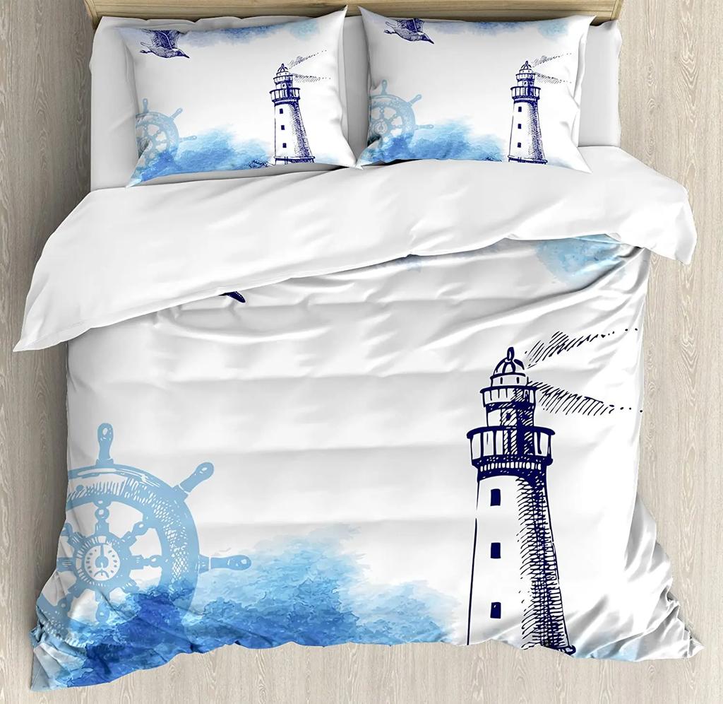Nautical Anchor Ship Lighthouse Whale Art 3dílná sada povlečení pro manželskou postel Domácí textil Povlak na přikrývku Povlak na polštář Povlak na polštář