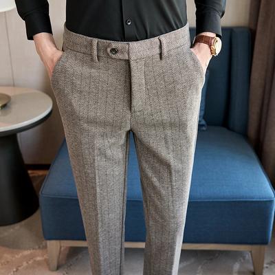 Podzim Zima Vysoce Kvalitní Pánské Vlněné Oblekové Kalhoty Jednobarevné Pruhované Smart Casual Slim Fit Oblekové Kalhoty Pánské Bavlněné Vlněné Společenské Kalhoty