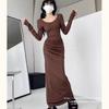 Pure desire sexy hottie low neck slim fit slim and thin pleated bottom skirt back split hip skirt long sleeve fishtail dress