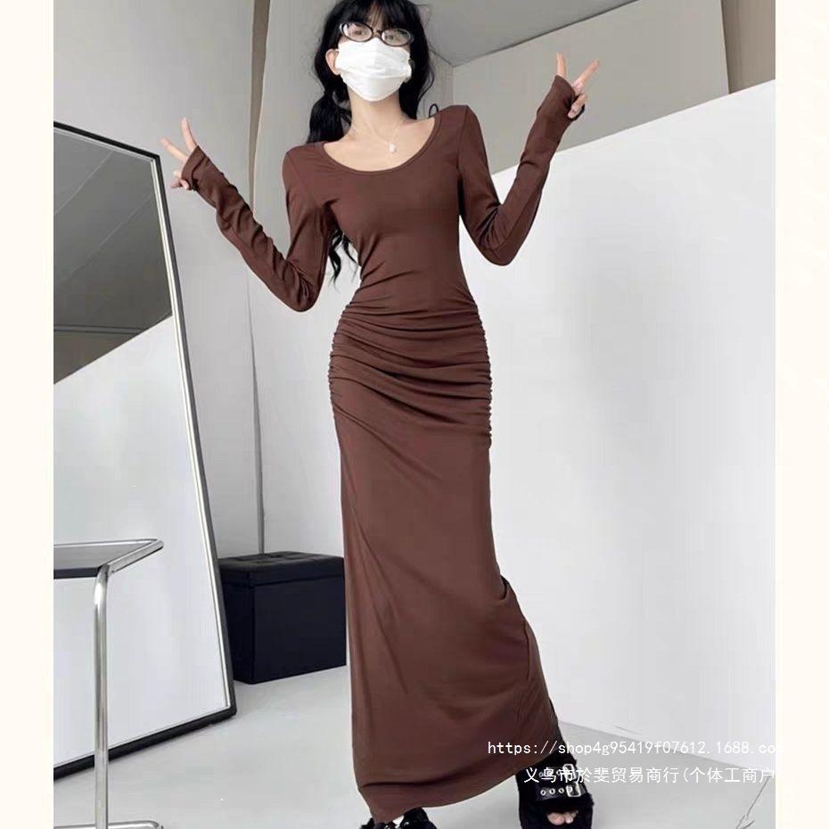 Pure desire sexy hottie low neck slim fit slim and thin pleated bottom skirt back split hip skirt long sleeve fishtail dress