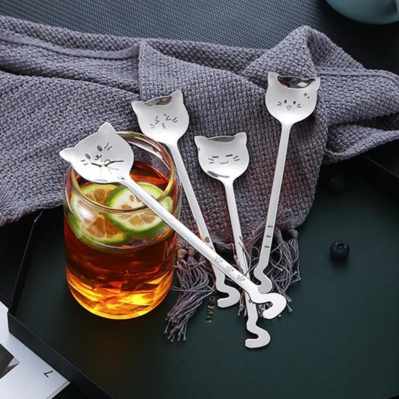1PCS Funny Tea-Spoon for Coffee Long Tail Cat Coffee Spoon Long Handle Spoon Birthday Gift 304 Stainless Steel Tableware