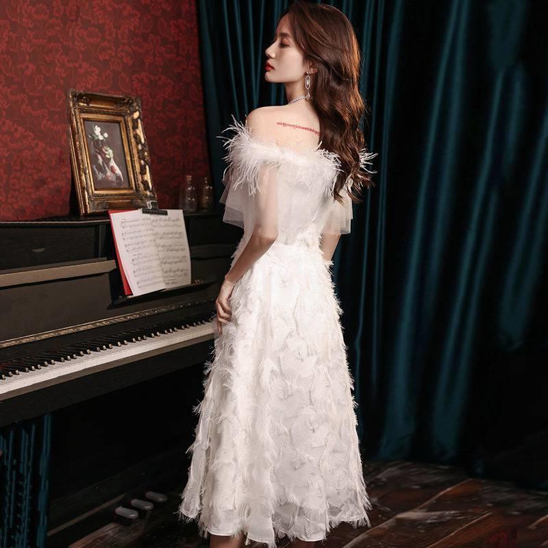 Small Evening Dress Dress Women's New White Temperament Bridesmaid Sisters Fairy Party Birthday Banquet Dress One-word Shoulder