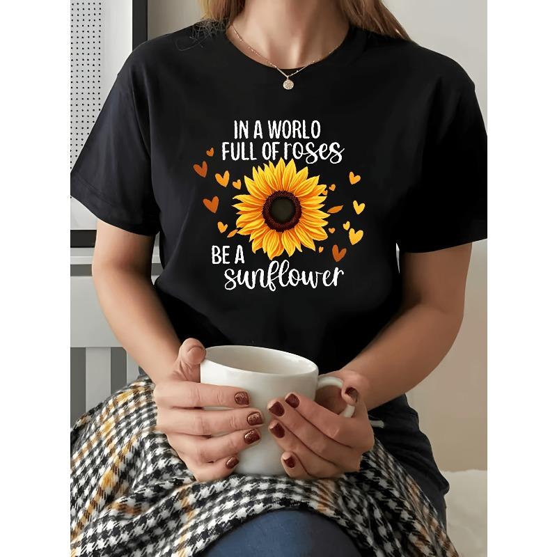 Sunflower Themed T-Shirt for Women, Heart Gradient Print, Round Neck, Comfortable S чёрный