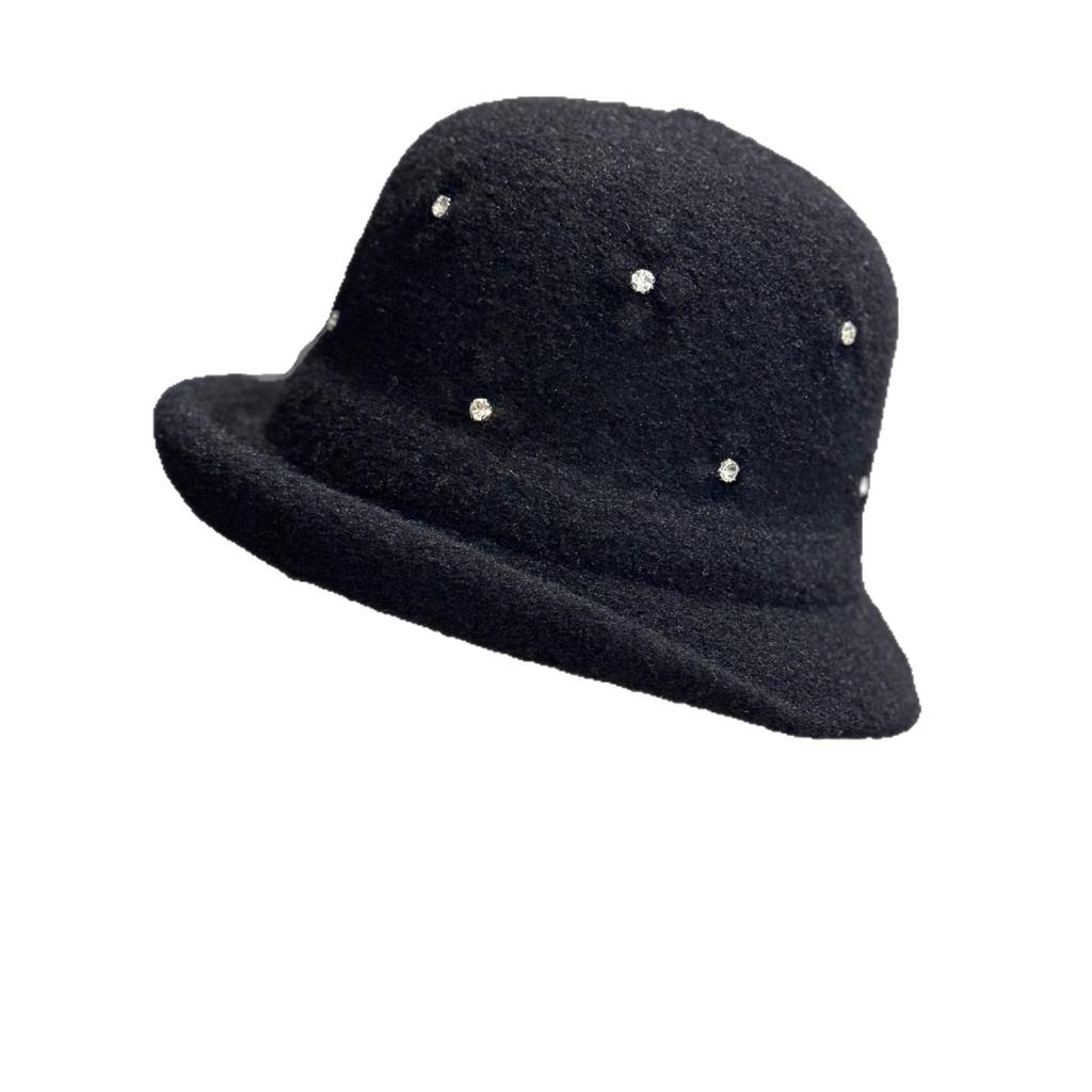 Winter New Style Curled Handmade Rhinestone Decorated Woolen Hat Japanese Style Warm Fisherman Hat Ladies Elegant Basin Hat Trend