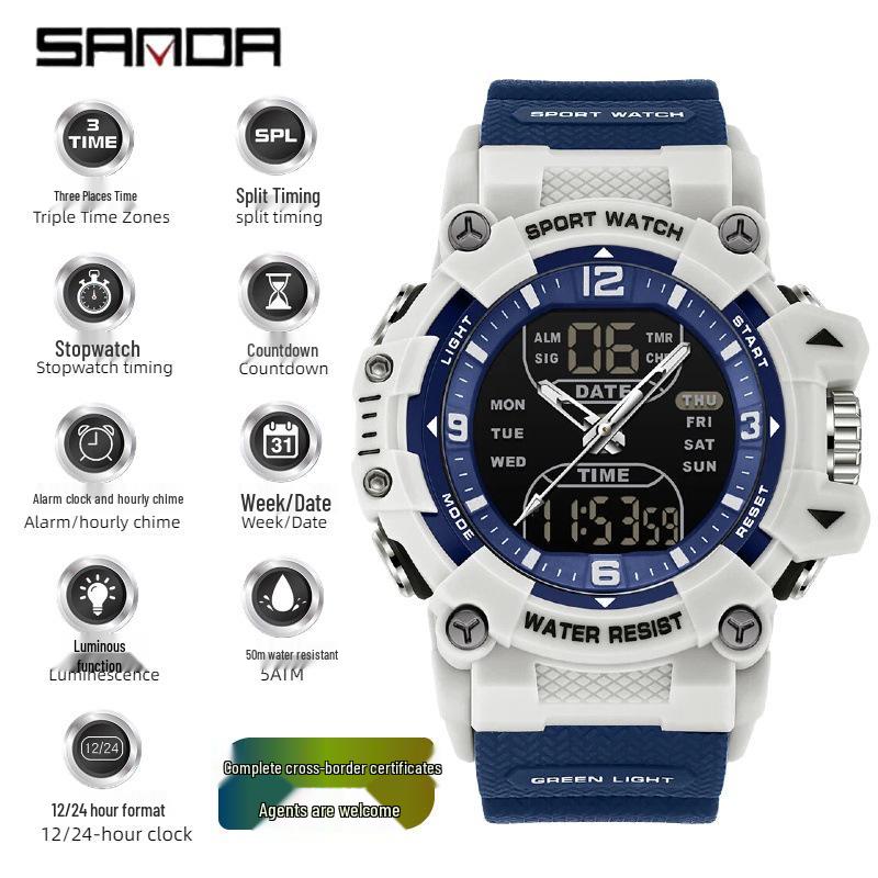 SANDA Waterproof Luminous Multifunctional Men s Student Dual Display Electronic Wristwatch with Timer and Alarm.