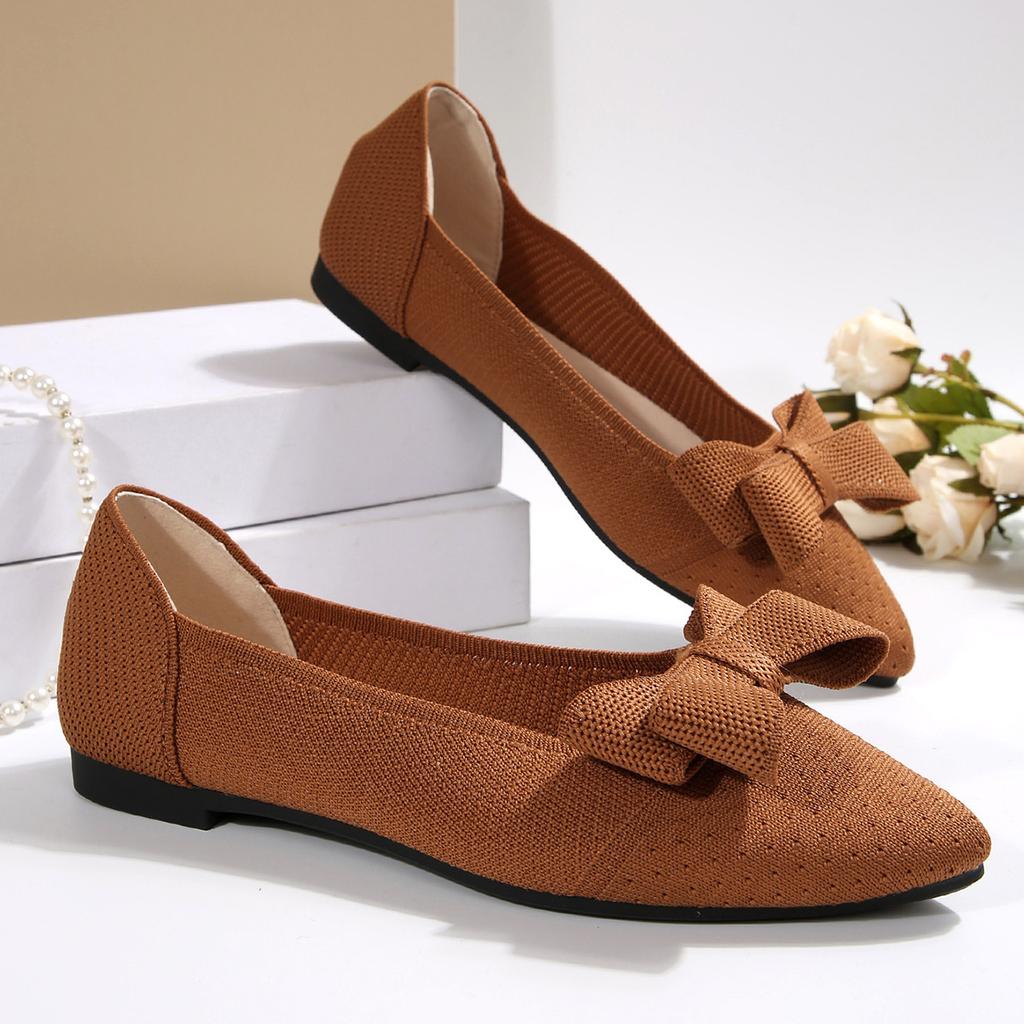 Fashion Comemore Bowknot Elastic Knit Flat Shoes for Women Slip on Casual Woman Spring Summer Flats Comfort Soft Sole Solid Loafers