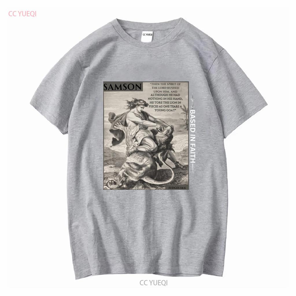 Samson and the Lion Build Your Temple Bible Pump cover sword Gym T Shirt man women long or short sleeves vintage Washed fashion