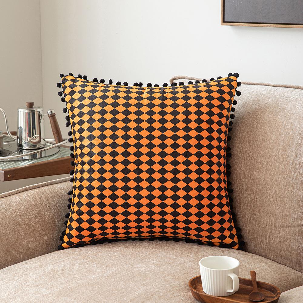 Houndstooth Splicing Pillow Case Sofa Decoration Cushion Cover Living Room Bedroom Waist Pillow Velvet Ball Pillow
