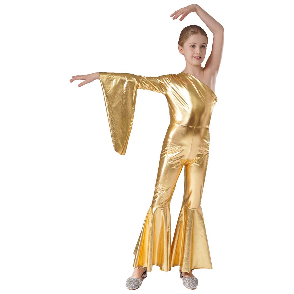 Mädchen Metallic Glänzend Schlaghose Jumpsuit Ein Schulter Schlagärmel Tanzkostüm für Karnevalsparty