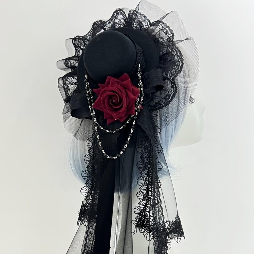 Rose Decoration Mini Top Chiffon Rose Hat Lace Retro Small Top Hat Gothic Lace Veil  Daily Wear Style A