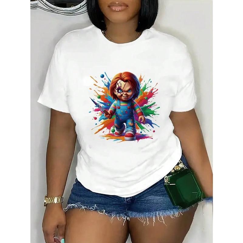 Women Evil Dolls Print Crew Neck T-Shirt Casual Short Sleeve Spring Summer Lightweight Fashionable Graphic Top