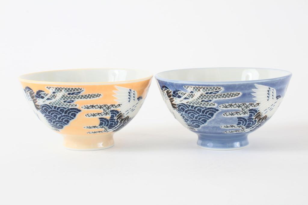 Mino Ware Pair of Rice Set of Made in Crane Blue MIG013 Bowls, 2, Medium-Sized, Japan, Design, & Orange,