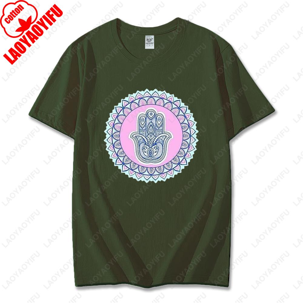 Blue Hamsa Hand Spiritual Protection Cotton Tops for Men Women Namaste Mandala Graphic Regular Short Sleeve Funny Casual Tshirt