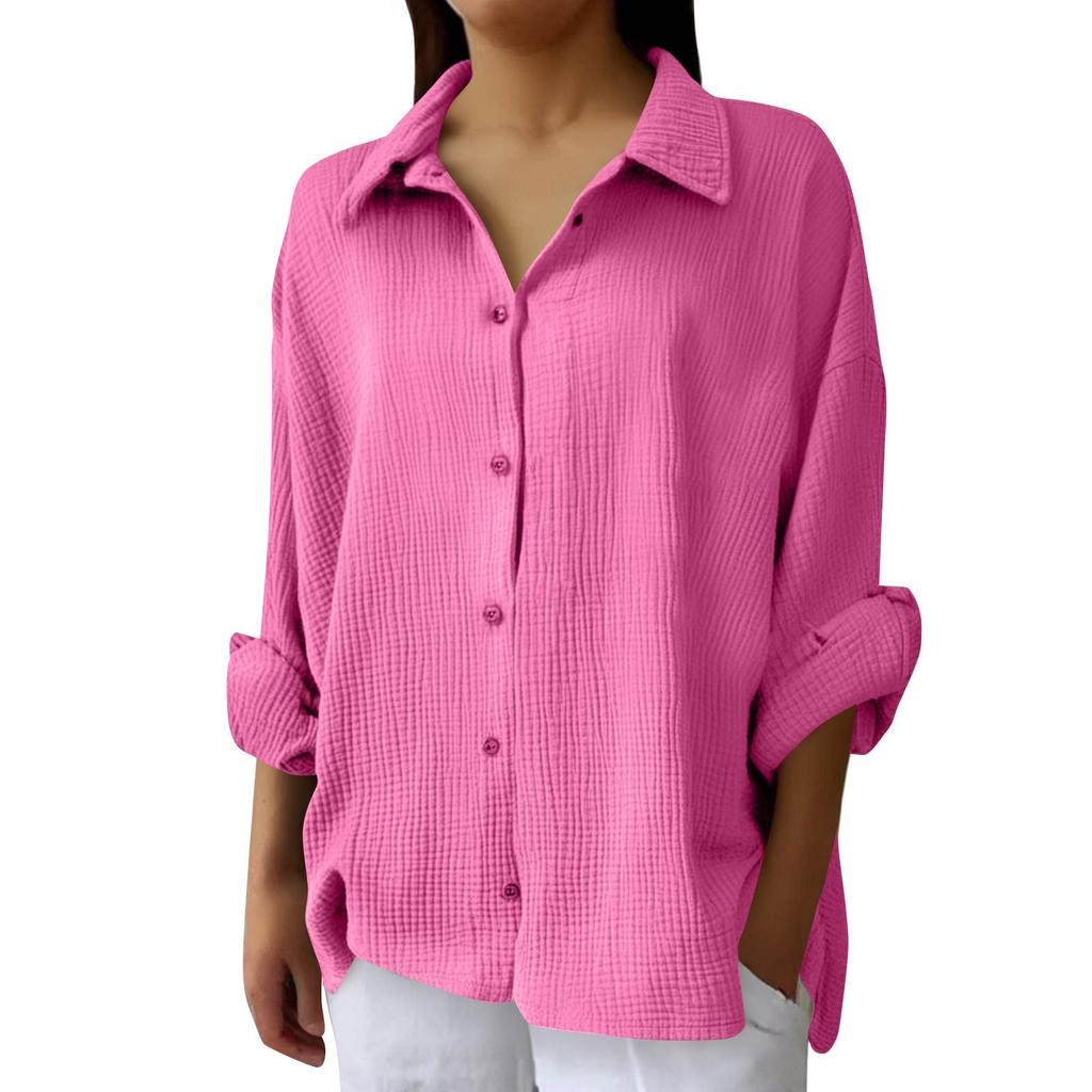 Damenmode Lässig Farbe Knopfleiste Langarm Hemd Top