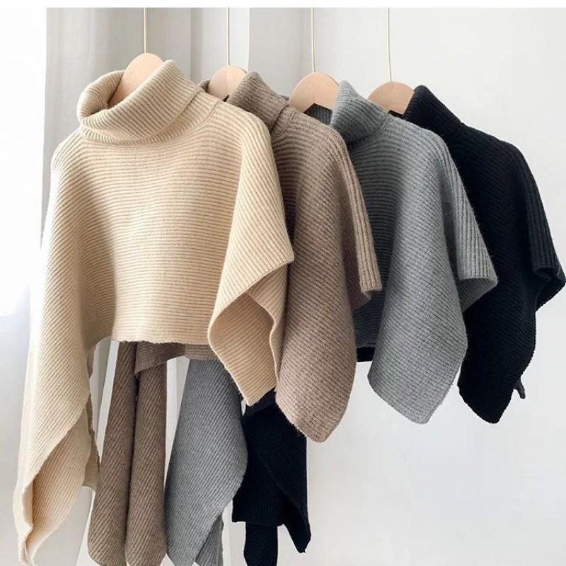 Womens Oversized Knit Cape Sweater Shawl High Neck Warm Thick Winter Cardigan Street Style