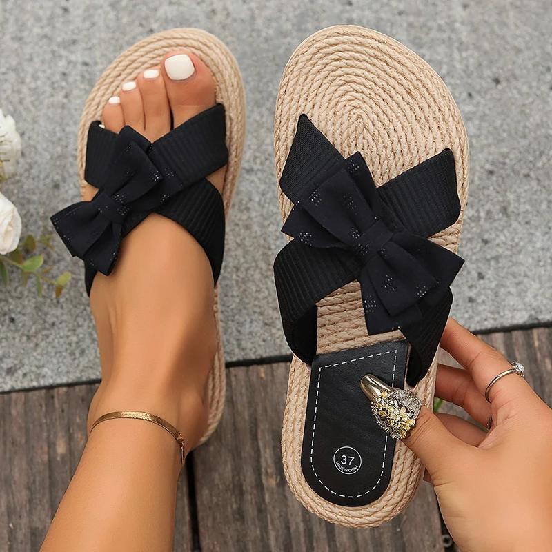 

Fashion Summer Beach Vocation Slides Women Outdoor Pink Bowknot Decor Cross Strap Linen Slippers Women Lightweight Comfort Flat Sandals 42 чёрный