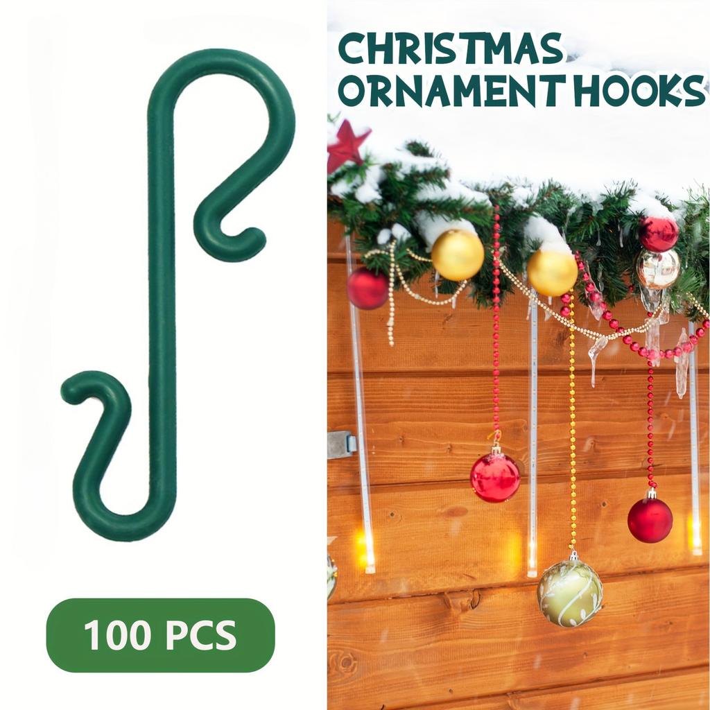 100pcs Durable Plastic Ornament Hooks Reusable Green Mini Tree Decoration Hangers for Lights Balls - for Holiday Decorations