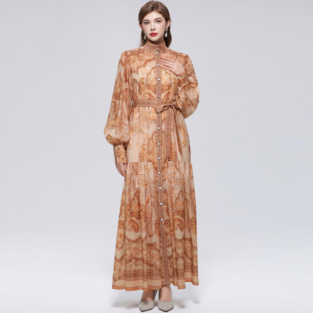 Women's Floral Pattern Printed Stand Collar Lantern Sleeve Holiday Dress Summer Autumn New Fashion Vintage Chiffon Long Maxi Dress