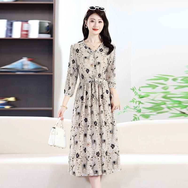 Summer Fashion Floral Print Three-quarter Sleeve Dress for Women Slim Fit Casual Midi Dress