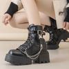 Damen Punk Stiefeletten Plateau Schnallendesign Motorradstiefel Schnürung Blockabsatz Schuhe Kettendekoration Lässige Outdoor-Schuhe 40