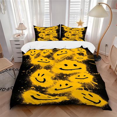 3pcs Smiley Faces Bedding Set - Includes One Quilt Cover and Two Pillowcases (No Core) - Anime Cartoon Design, Polyester Fabric, Suitable Fo