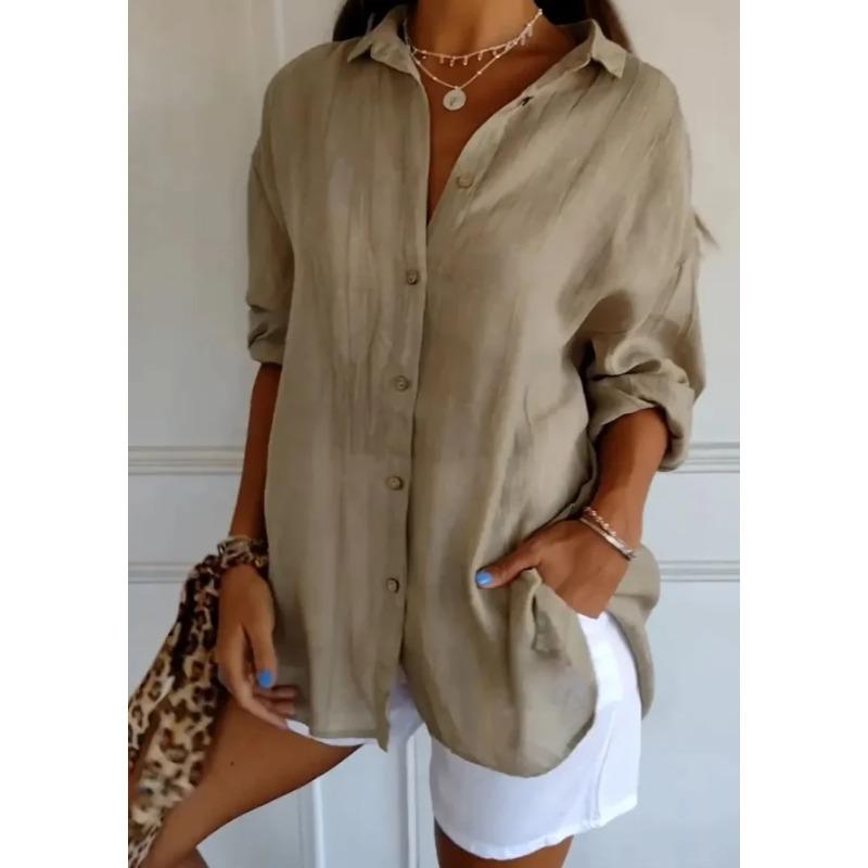 

Рубашка женская с лацканами, длинным рукавом, повседневная, однобортная, новая мода, коричневая, черная, белая рубашка, блузки S