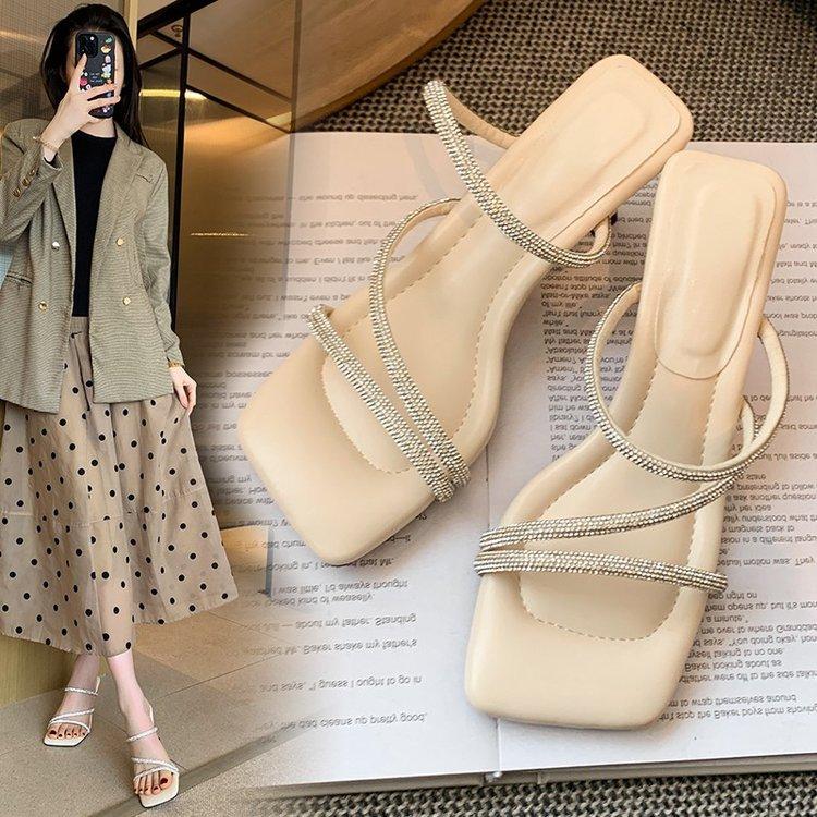 Fairy Rhinestone with Cool Slippers, Female Outer Wear Summer Square Head Stepping On Shit Feeling High Heels Fashion Sandals