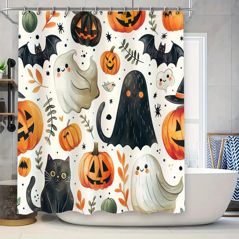 Halloween-themed shower curtain featuring spooky ghosts and ghouls perfect for your haunted house!