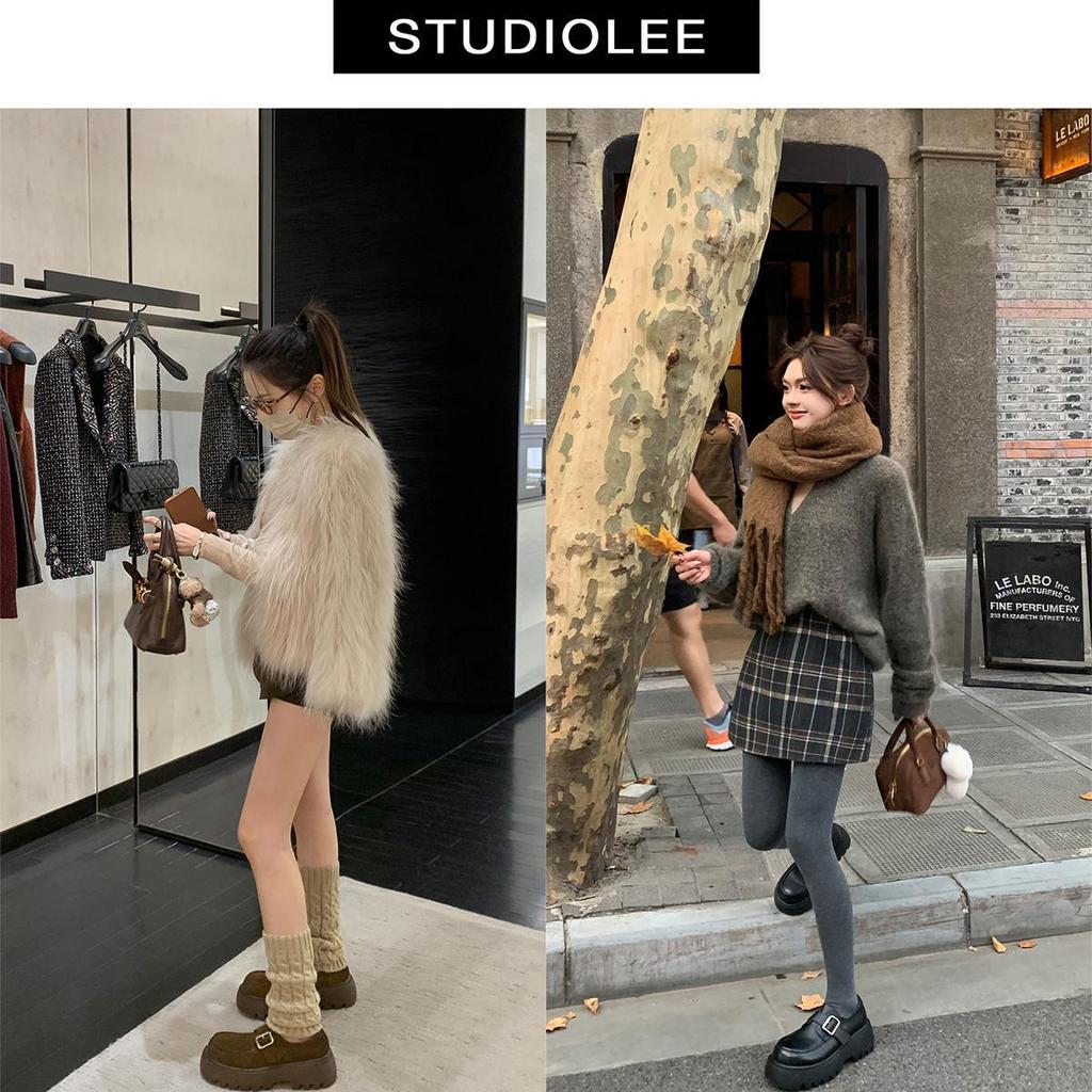 Sheepskin~ Grape Mother Metal One-word Buckle Strap Heightened Thick Heel Platform British Loafers Women's Retro Small Leather Shoes Women