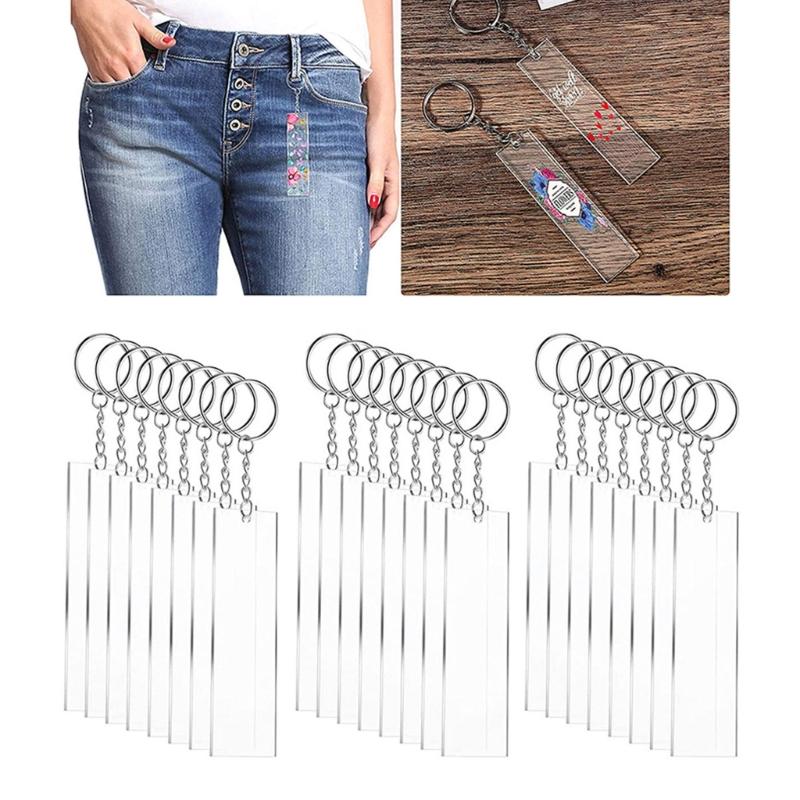 24/48x Rectangle Clear Acrylic Ornament Blanks Acrylic Keychain Blanks Set with Chain for DIY Project and Crafting