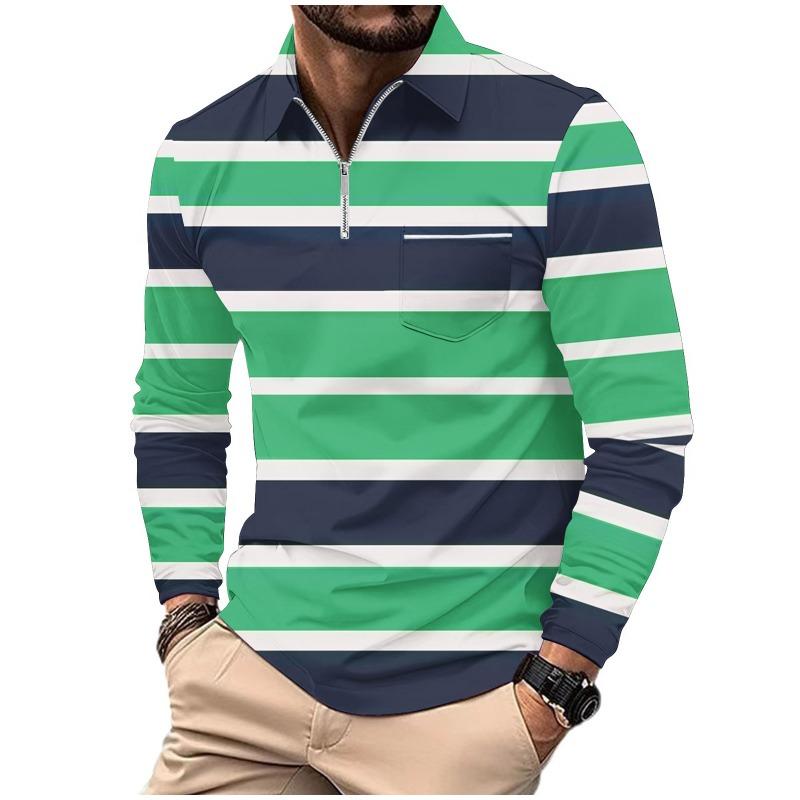 Men's Printed Polo Shirt with Zipper Pocket Sports Long Sleeved Polo Shirt