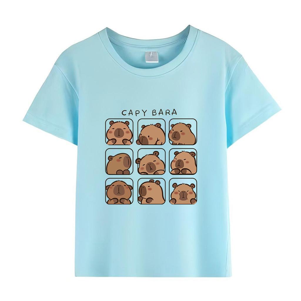 Capybara Kids Summer Cartoon Print T-Shirt 100% Cotton Short Sleeve Crewneck Casual Top for Girls Fashion Tees
