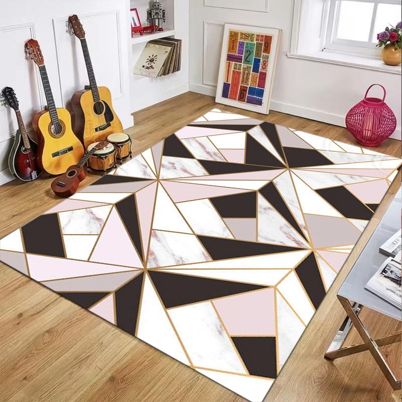 Marble Texture Geometric Area Rug Modern Gold Accent Abstract Pattern Non Slip Floor Carpet for Living Room Bedroom Home Decor