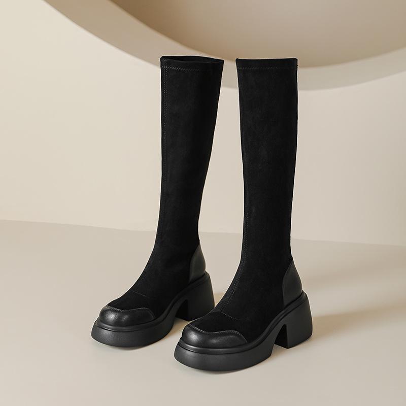 Suede thick-soled Martin boots long boots women's autumn and winter thick heel 7cm high heel waterproof table light bottom elastic and thin high boots