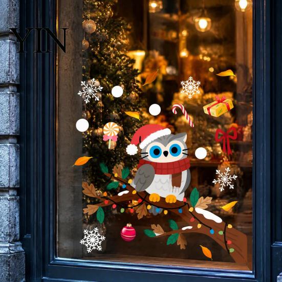 Festive Home Beautification Supplies Cute Christmas Owl Window Sticker, Snowy Branch Candy Glass Decal, Waterproof Self Adhesive Seasonal Wall