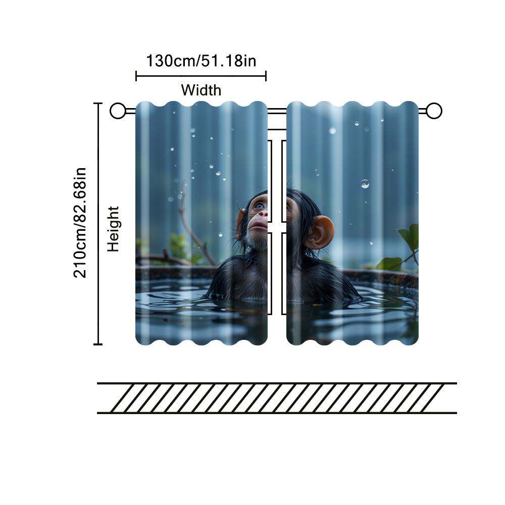 2 Pcs, Filtering Curtains (excluding Rods, Non-movable, Without Batteries) Playful Monkey In Bathtub for Use In Bedrooms and